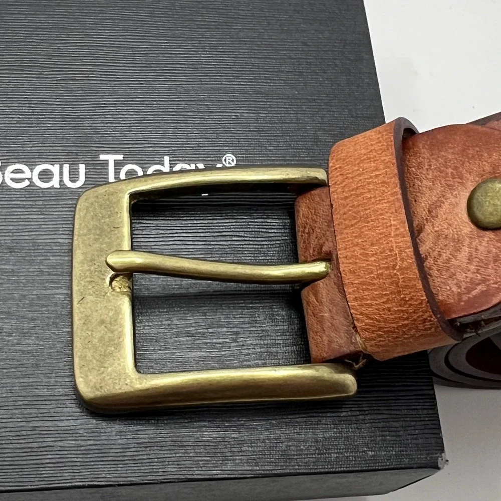 Beau Today Mens Brown Leather Belt Solid Brass Buckle Marbled Grain Size 40